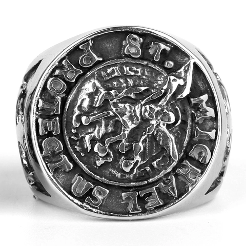 Anillo de San Miguel Arcángel Protégenos Escudo Acero Inoxidable Cruz Cristiana Religiosa Punk Biker Joyería para Hombre