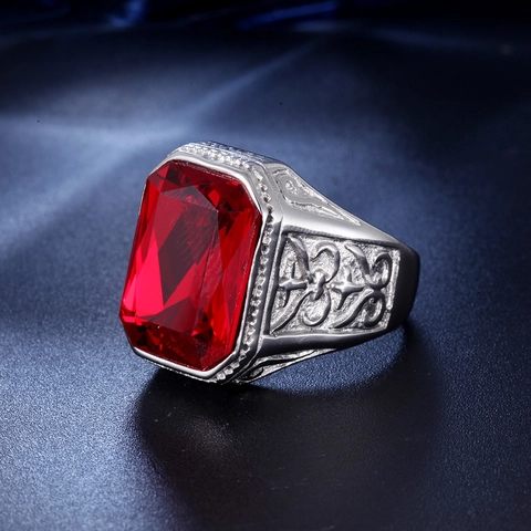 Vintage Titanium Steel Ring For Men Large Rectangular Emerald Cut Rhinestone Engraved Floral Pattern Oxidized Antique Jewelry