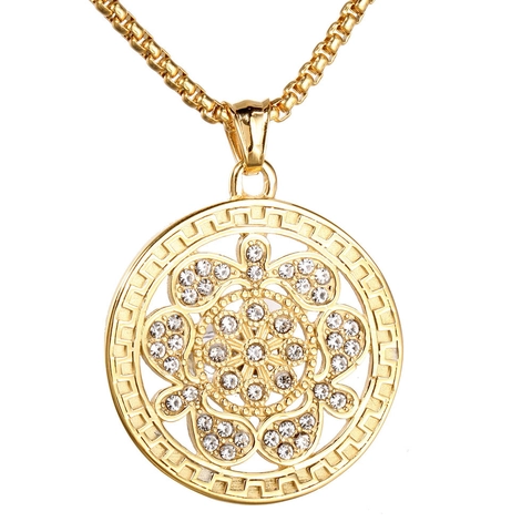Pendentif Seul Arbre de Vie Rond en Acier Inoxydable Vintage Bordure Clé Grecque Avec Strass Bijoux Femme