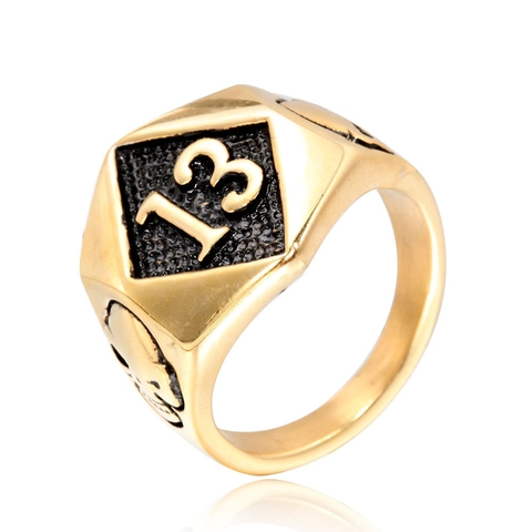 Men's Stainless Steel Number 13 Skull Shield Ring Punk Biker Rock Vintage Signet Jewelry Gold Black Fashion Finger Ring