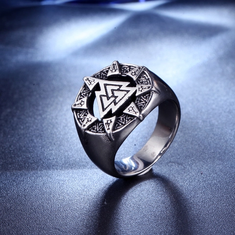 Anillo Vikingo Nórdico Valknut Vintage Acero Inoxidable Envejecido Patrón de Runas para Hombres Mujeres Unisex Punk Joyería