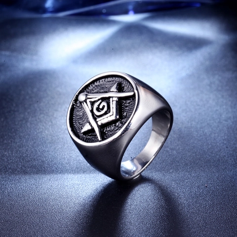 Anillo de Sello Masónico de Acero Inoxidable Vintage para Hombre Masonería Escuadra Compás G Logotipo Religioso Estilo Punk Joyería de Moda