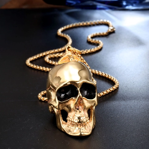 Pendentif Tête de Mort Gothique Punk en Acier Inoxydable Doré pour Hommes Bijoux Rock Biker Heavy Metal Sans Chaîne
