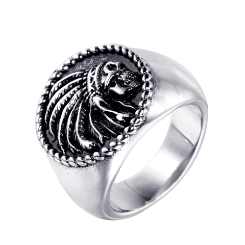 Vintage Men's Stainless Steel Indian Chief Skull Ring Retro Punk Gothic Warrior Headdress Signet Ring Jewelry Gift