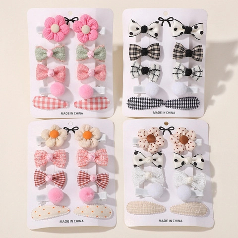 Ensemble de Barrettes à Cheveux en Tissu Polyester avec Nœud et Fleur pour Bébés Filles Pinces Croco en Métal à Motifs Floraux et Carreaux