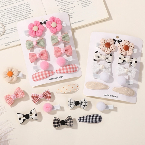 Ensemble de Barrettes à Cheveux en Tissu Polyester avec Nœud et Fleur pour Bébés Filles Pinces Croco en Métal à Motifs Floraux et Carreaux