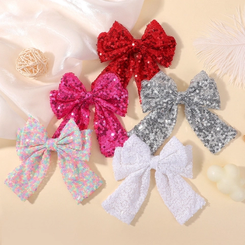 Large Sequin Bow Hair Clip For Girls Sparkly Long Streamer Alligator Clip Performance Party Children Hair Accessory