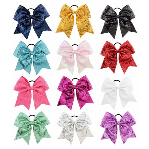 Large Sequin Bow Hair Tie Handmade Glitter Cheerleading Hair Bows For Girls High Elastic Rubber Band Accessories Party Headwear