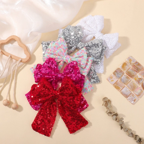 Large Sequin Bow Hair Clip For Girls Sparkly Long Streamer Alligator Clip Performance Party Children Hair Accessory