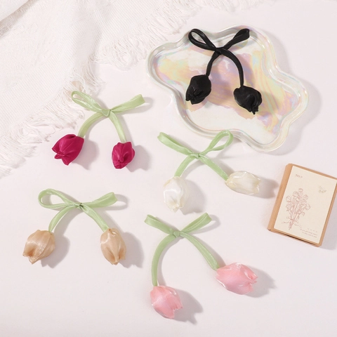 Accesorio para el Pelo de Satén Flor de Tulipán con Lazo de Cinta para Niñas Decoración de Bolsos Ropa Hecho a Mano