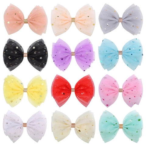 Dreamy Tulle Bow Hair Clip For Women Girls Star Moon Sequin Pattern Glitter Mesh Hair Accessories Metal Duckbill Clip Headwear