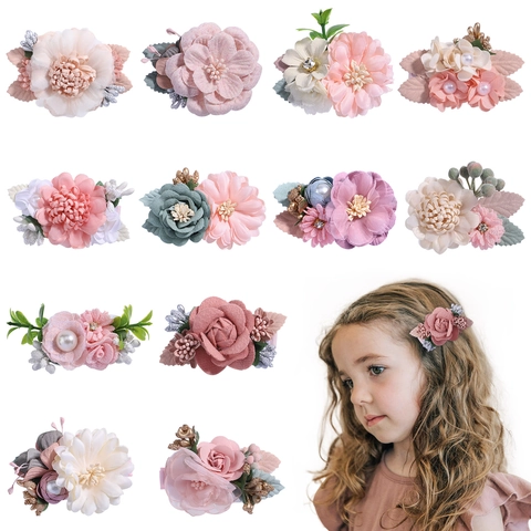 Fermagli per Capelli in Tessuto Fatti a Mano per Ragazze con Perle Artificiali e Strass Floreali Clip Laterali per Bambini Gioielli per Capelli