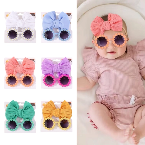 Ensemble Lunettes de Soleil et Bandeau pour Enfants Lunettes Rondes Marguerite Nœud Ajouré pour Petites Filles Été Accessoires