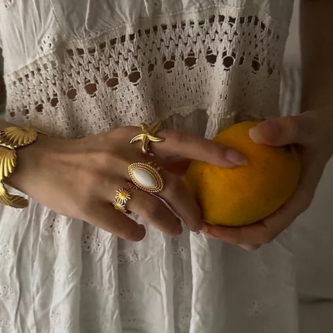 Vintage Roestvrij Staal 18k Verguld Witte Agaat Marquise Open Ring Touwtextuur Geometrische Verstelbare Vingerring Sieraden Voor Dames