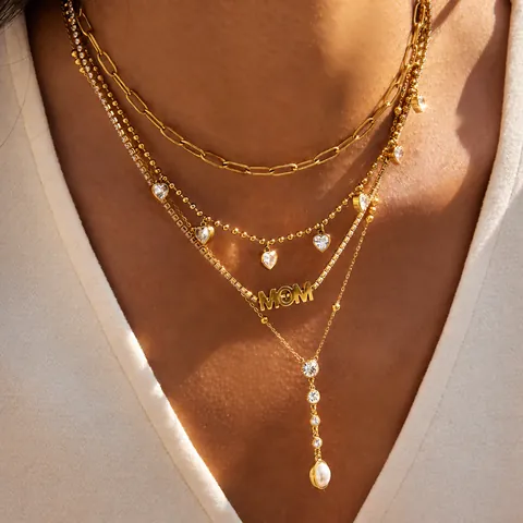 Edelstahl MOM Buchstaben Anhänger Halskette Gold Plattiert Strass Künstliche Perle Mode Schmuck Muttertag Geschenk Für Damen