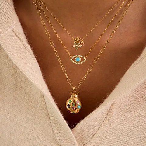 Collar con Colgante de Mariquita Flor y Ojo Turco de Acero Inoxidable Cadena de Clip con Diamantes de Imitación Oro Joyería Mujer
