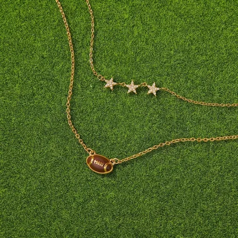Collier Double Couche en Acier Inoxydable Plaqué Or Pendentif Football Américain Étoile Strass Bijoux Mode Femmes