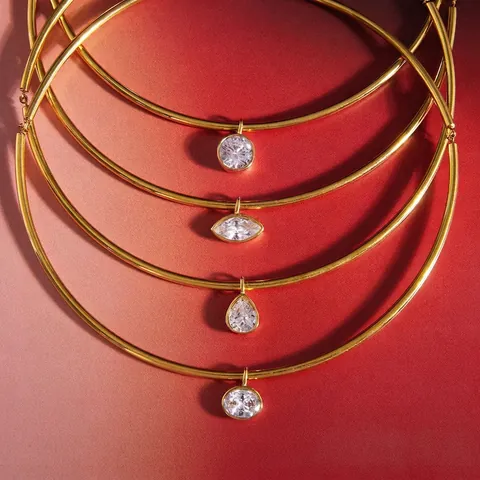 Minimalist Stainless Steel Gold Plated Rigid Choker Necklace With Zirconia Pendant Elegant Geometric Jewelry For Women Gift