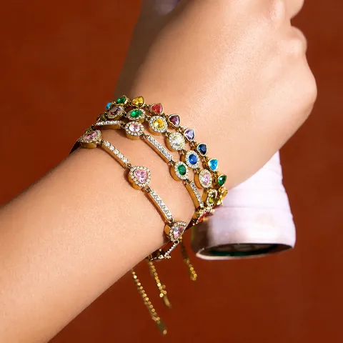 Luxus Edelstahl Zirkon Herz Armband Für Damen Mehrfarbig Rund Edelstein Wasserdicht Hypoallergen Gold Galvanisiert Mode Schmuck