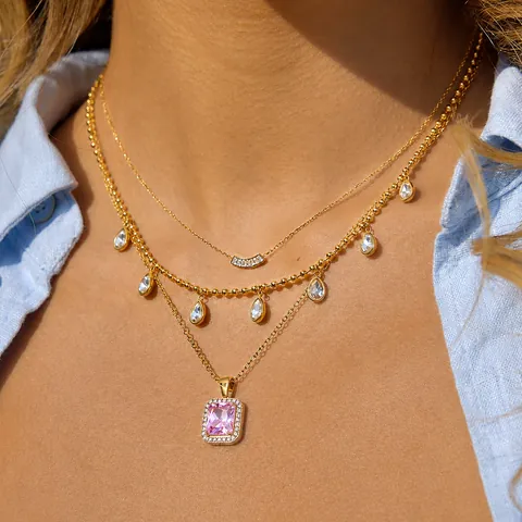 Edelstahl Zirkonia Halskette Für Damen PVD Vergoldung Rosa Quadratischer Anhänger Strass Schlüsselbeinkette Schmuck Geschenk