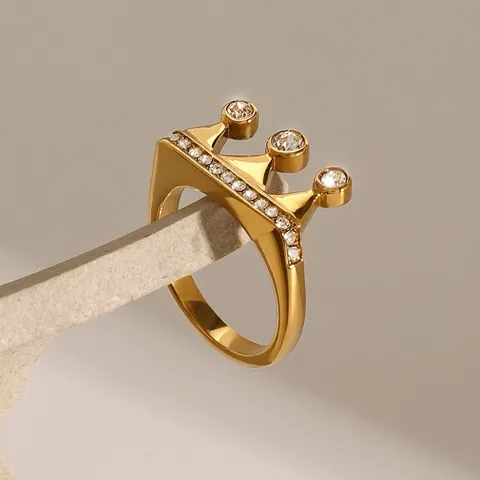 Anello di Corona in Acciaio Inossidabile con Strass per Donna Moda Placcato Oro Geometrico Gioielli da Mano Anello per Appuntamenti