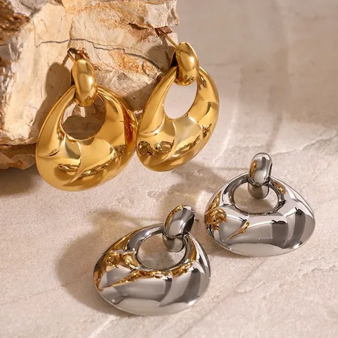 Exaggerated Stainless Steel Teardrop Stud Earrings For Women Hollow Geometric Wavy Texture Waterproof Hypoallergenic Jewelry