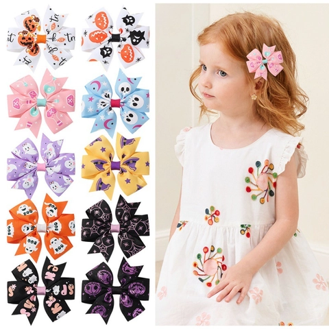 Lazos para el Pelo de Halloween para Niños Calabaza Fantasma Murciélago Cinta de Grosgrain Horquillas Hechas a Mano Accesorios para el Pelo