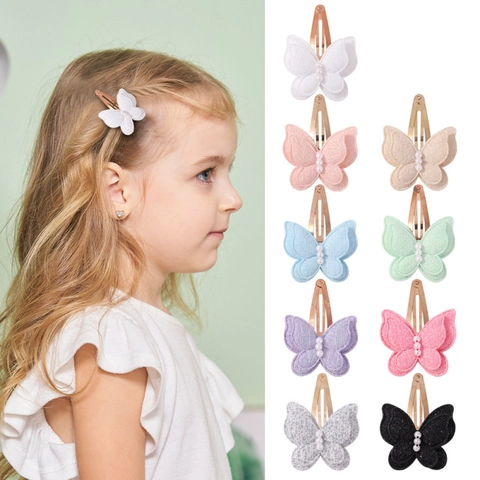Handmade Lace Butterfly Hair Clips With Artificial Pearl For Kids Girls Sweet Double Layer Fabric Bow Hairpins Cute Toddler Hair Accessories