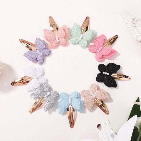 Handmade Lace Butterfly Hair Clips With Artificial Pearl For Kids Girls Sweet Double Layer Fabric Bow Hairpins Cute Toddler Hair Accessories
