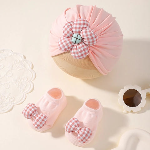 Baby Turban Hut Und Socken Floral Kariert Schleife Weiches Polyester Strick Kopfbedeckung Für Neugeborene Kleinkinder Zubehör