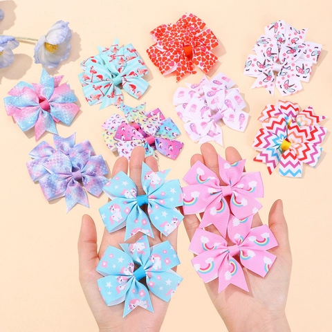 Ensemble de Barrettes à Nœuds pour Enfants Licorne Arc-en-Ciel Sirène Flamant Rose Nœuds en Ruban Gros-Grain pour Filles
