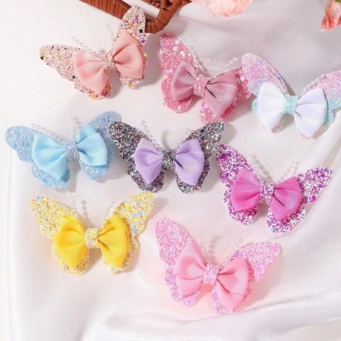 Handmade Glitter Butterfly Bow Hair Clips For Kids Sparkly Grosgrain Ribbon Hairpins Sweet Princess Hair Accessories For Girls Toddlers