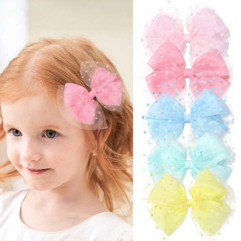 Kids Mesh Polka Dot Bow Hair Clips Double Layer Sequin Alligator Clips Sweet Hair Accessories For Toddler Girls Daily Party