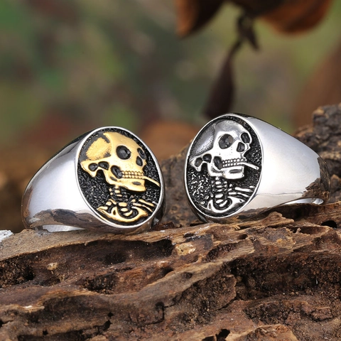 Punk Skull Signet Ring For Men Stainless Steel Gothic Vintage Relief Skeleton Finger Ring Jewelry Polished Heavy Ring