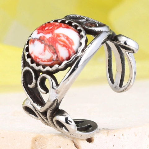 Anillo Tallado de Acero Inoxidable Vintage Mujeres Hombres Étnico Corazón Calado Abierto Ajustable Joyería de Dedo Mármol