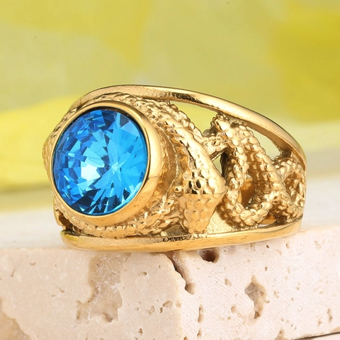 Anello Vintage Punk in Acciaio al Titanio con Pietra Preziosa Blu da Uomo Placcato Oro Trama Squame di Serpente Gioielli
