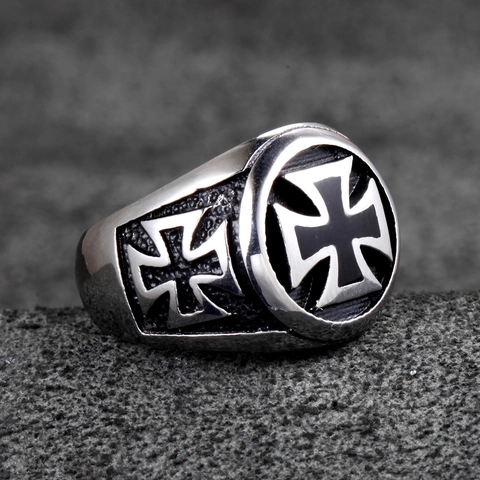 Vintage Stainless Steel Iron Cross Ring For Men Gothic Punk Biker Jewelry Black Enamel Distressed Polished Signet Band