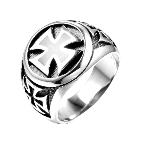 Vintage Stainless Steel Iron Cross Ring For Men Gothic Punk Biker Jewelry Black Enamel Distressed Polished Signet Band