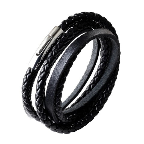 Men Retro Multi-Layer Braided Leather Bracelet With Stainless Steel Magnetic Clasp Vintage Black Cord Wristband Jewelry Gift