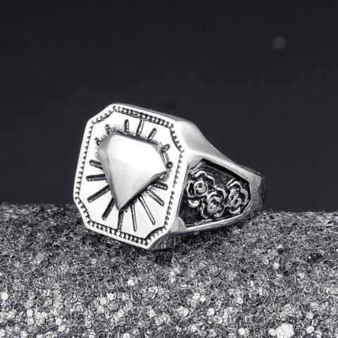 Anillo de Sello de Acero Inoxidable Vintage para Hombre Patrón de Rayos de Sol Octogonal Tallado de Rosas Joyería Punk Gótica