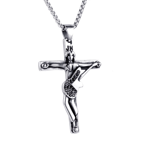 Roestvrij Stalen Kruis Gitarist Hanger Ketting Gothic Punk Rock Religieuze Muziek Sieraden Met Zirkonia Voor Heren En Dames
