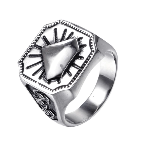 Anillo de Sello de Acero Inoxidable Vintage para Hombre Patrón de Rayos de Sol Octogonal Tallado de Rosas Joyería Punk Gótica