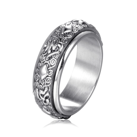 Anillo Giratorio de Acero Inoxidable Vintage Mantra de Seis Sílabas Budista en Relieve para Hombre Mujer Joyería Unisex