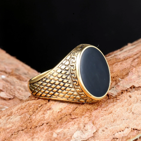 Vintage Gold Plated Stainless Steel Signet Ring For Men With Black Oval Stone Greek Key Meander Pattern Ethnic Biker Jewelry