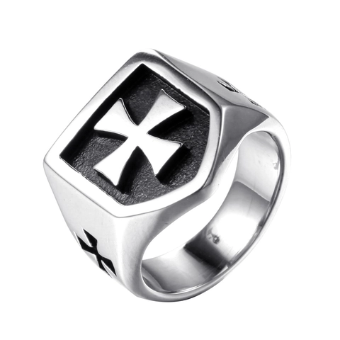 Vintage Stainless Steel Maltese Cross Shield Signet Ring For Men Punk Gothic Titanium Steel Band Ring Silver Jewelry