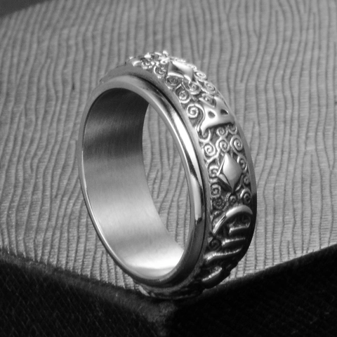 Anillo Giratorio de Acero Inoxidable Vintage Mantra de Seis Sílabas Budista en Relieve para Hombre Mujer Joyería Unisex