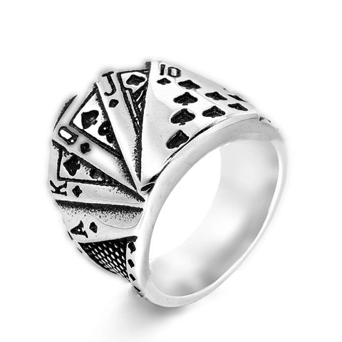 Vintage Stainless Steel Poker Ring Royal Flush Spades Pattern Hip Hop Men Punk Ring Gold Silver Black Rhinestone Band Ring