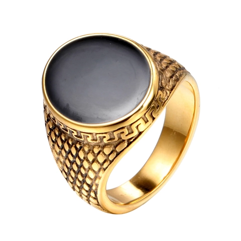 Vintage Gold Plated Stainless Steel Signet Ring For Men With Black Oval Stone Greek Key Meander Pattern Ethnic Biker Jewelry