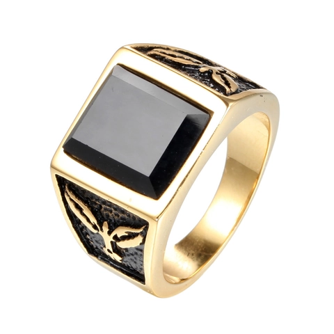 Men Vintage Stainless Steel Signet Ring Eagle Relief Gothic Punk Biker Finger Ring With Large Square Black Onyx Stone