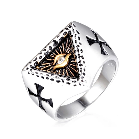 Anillo de Acero Inoxidable Punk Gótico con Ojo que Todo lo Ve para Hombre Patrón de Cruz Vintage Strass Joyería Rock